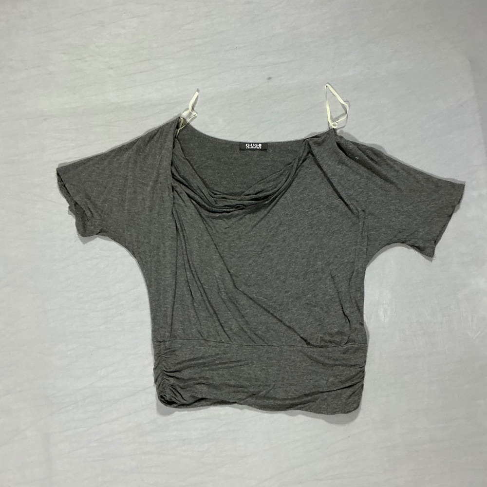 G.U.S.B Collection‎ Charcoal Gray Cowl Neck Ruched Wrap Front Short Sleeve Top